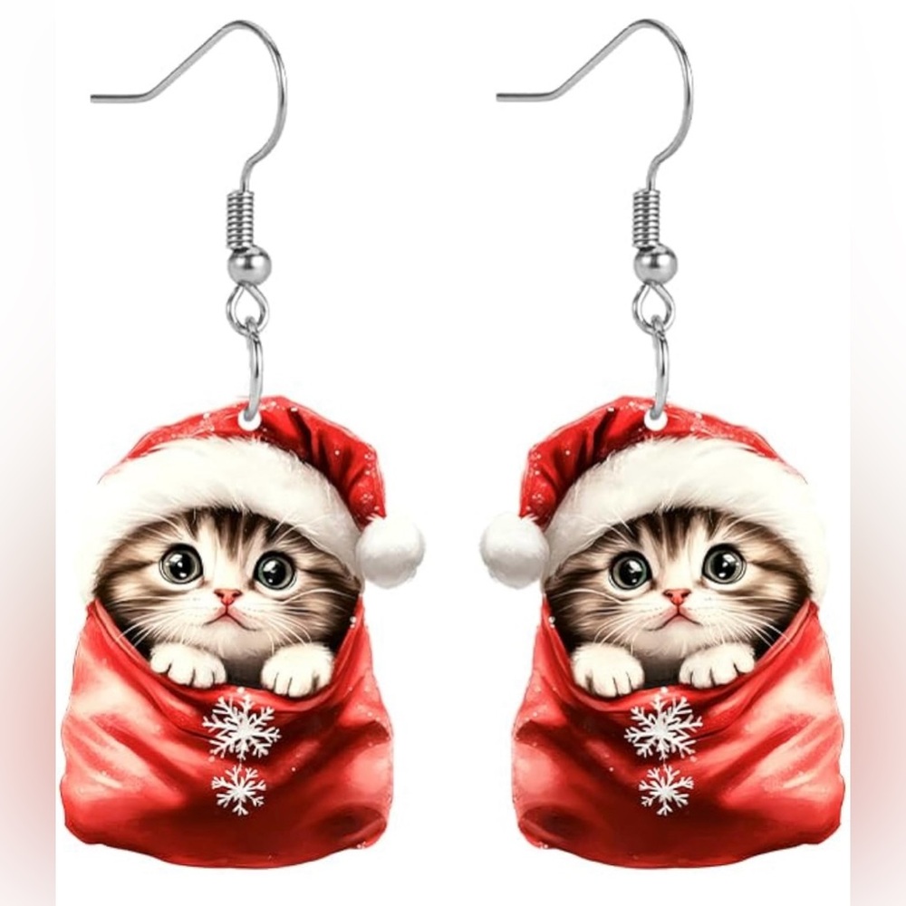 Cat with Santa Hat in a Bag Earrings NIP - Picture 2 of 7
